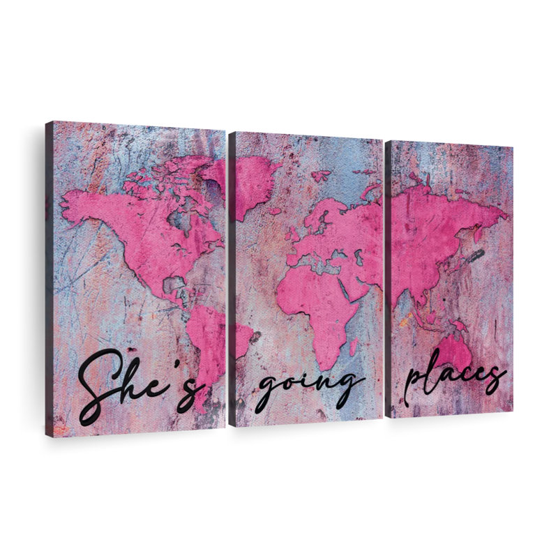" She's Going Place World Map Multi Piece Canvas Print " 3 - Pieces, 24" H x 38" W