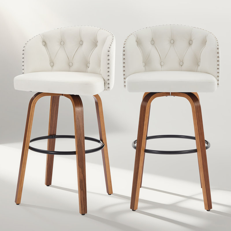 Counter Height Upholstered Swivel Bar Stools Set of 2, Modern Kitchen Island Chairs with Wide Backrest, Solid Wood Legs & Nailhead Trim