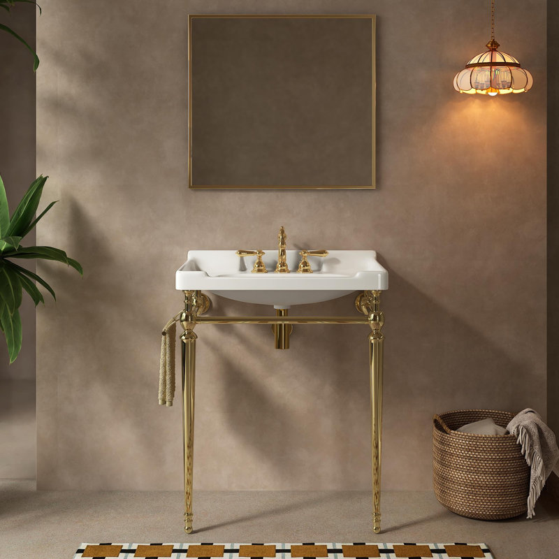 Lavabo console de salle de bain, meuble-lavabo mural, pieds de support autoportants avec barre à serviettes, Doré, Blanc