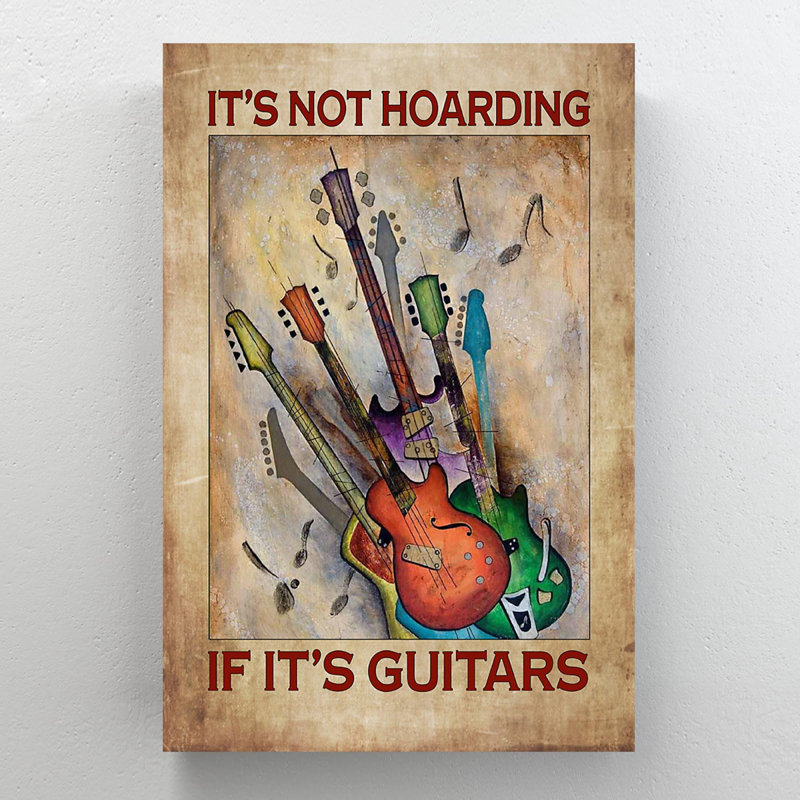 Guitares colorées sur fond brun - It's Not Hoarding If It's Guitars - 1 pièce, impression d'art graphique rectangulaire sur toile tendue