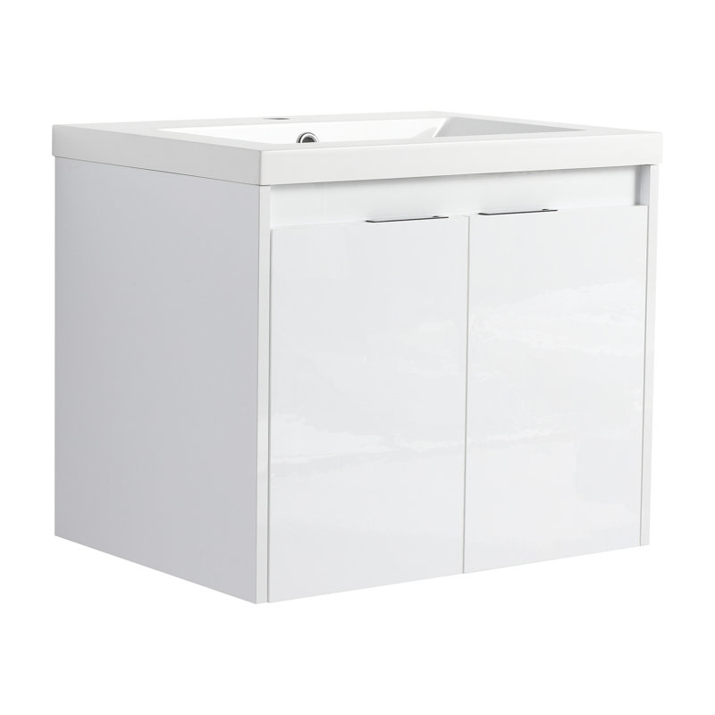 Meuble-lavabo de 24 po avec lavabo en résine, 2 portes à fermeture douce, fixation flottante, blanc brillant, charnières de fermeture murales élégantes, conception de fixation,