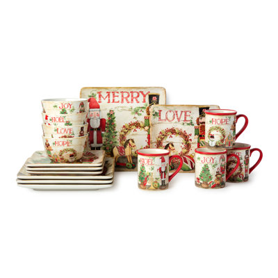 Certified International Nutcracker Parade Christmas Dinnerware Set – Vintage Holiday Ceramic Plates, Mugs & Bowls – Santa, N In Brown;white;green;red