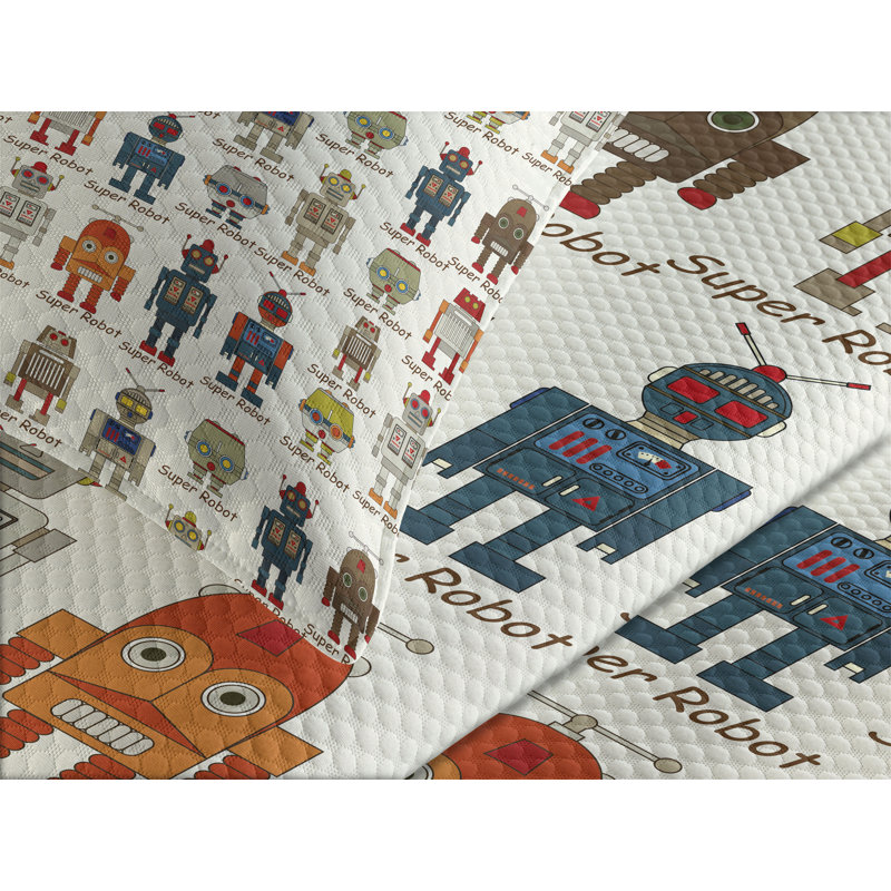 White Quilted Kids Unisex Robot Queen Bedspread Set