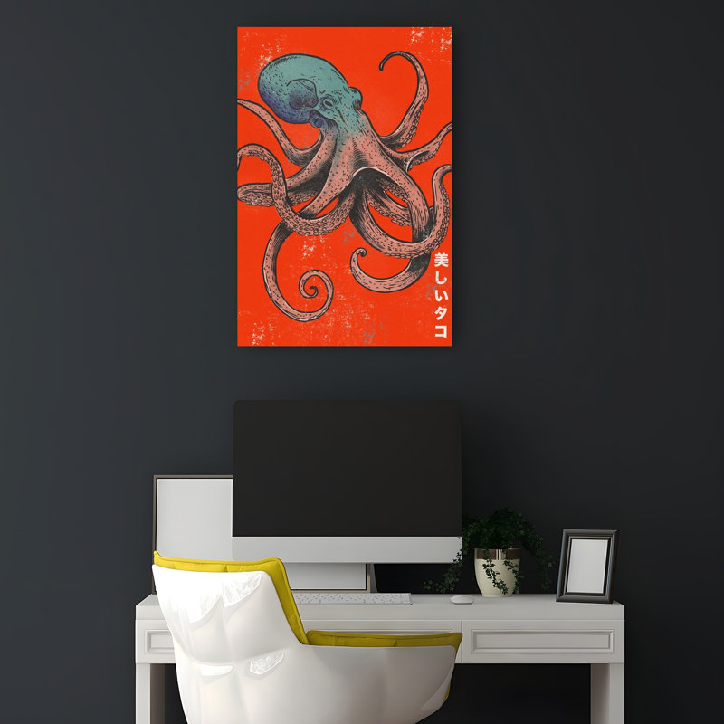 Pieuvre japonaise rouge audacieuse rétro, impression de pieuvre vibrante océan, H 18 po x l 12 po
