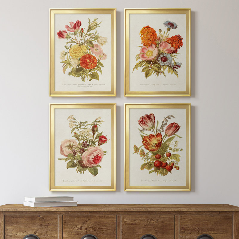 Antique Floral Bouquet I, toile de qualité supérieure - prête à être accrochée, Cadre doré, H 30,5 po x l 90 po x P 1 po