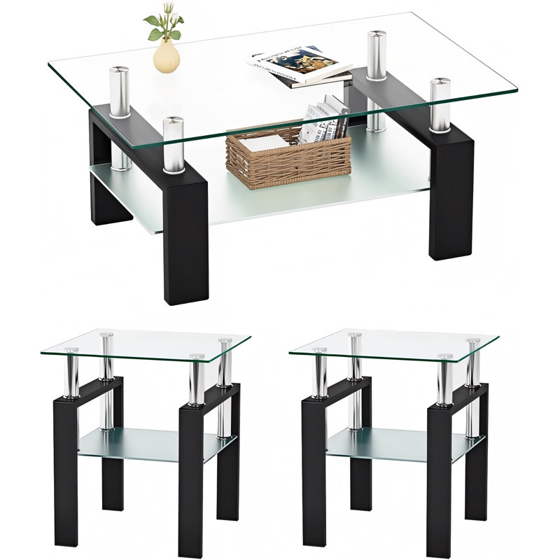 Esbeidy 3-Piece Living Room Table Set with Glass Top, Metal Legs & 2-Tier Storage Shelves, Includes 1 Coffee Table & 2 End Tables