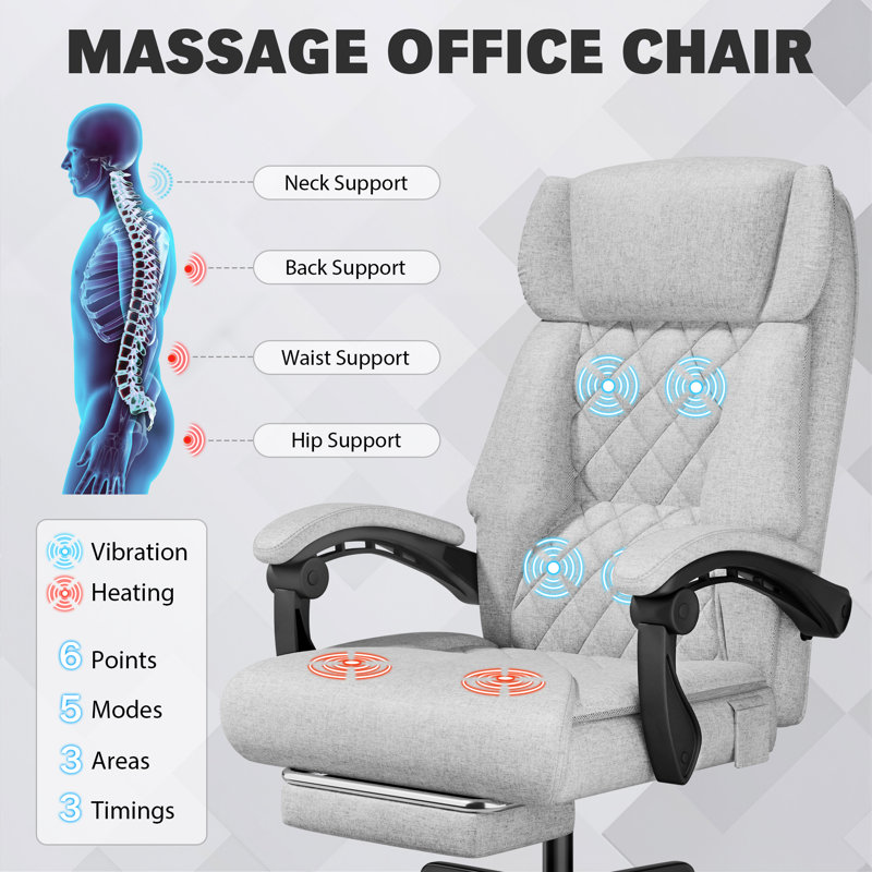 Massage Office Chair, Heated Reclining Chair, Ergonomic Executive Chair with Footrest, Gray, Textile