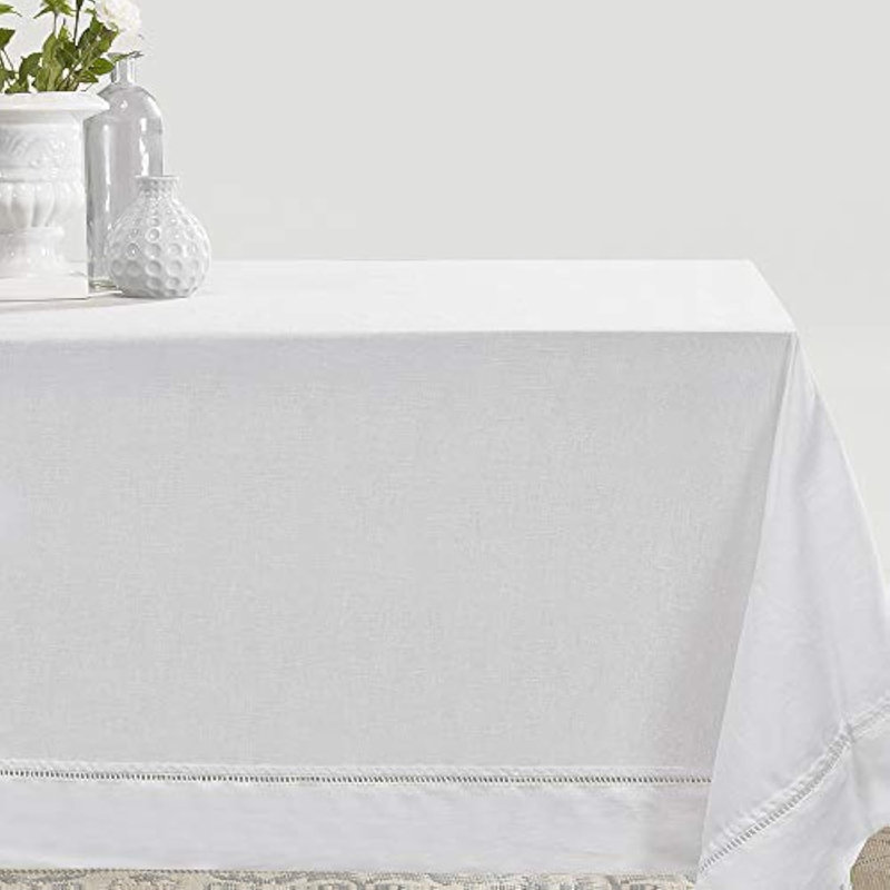 Premium 100% Natural Linen Hemstitch Tablecloth , Natural Fabric, Rectangular Tablecloth For Indoor And Outdoor Use, White