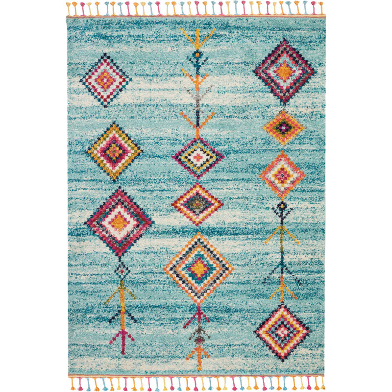 Tapis turquoise Lucina Tribal Bohemian, Rectangle 3 pi 11 po x 6 pi