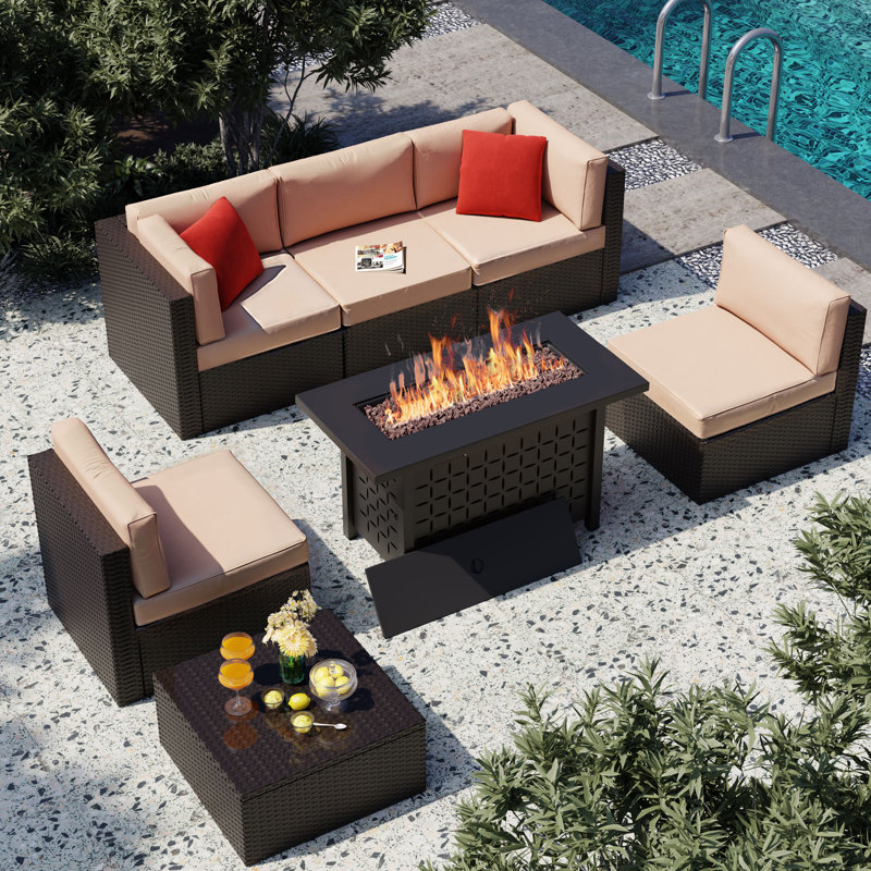 7-Piece Outdoor Rattan Patio Set with Fire Pit Table, Khaki