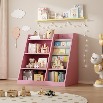 Étagère de rangement pour jouets en bois rose avec étagère à livres pour tout-petit