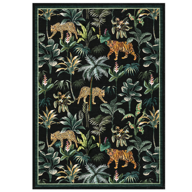 Tiger Area Rug for Living Room, Machine Washable Non-Slip Low Pile Rug, Botanical Jungle Animal Print Rug, Stain-Resistant Soft Foldable Floor Covering