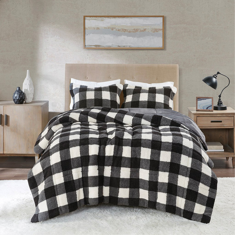 Ensemble d'édredon en duvet synthétique Sherpa, Très grand + 2 pièces supplémentaires, Noir / blanc carreauté