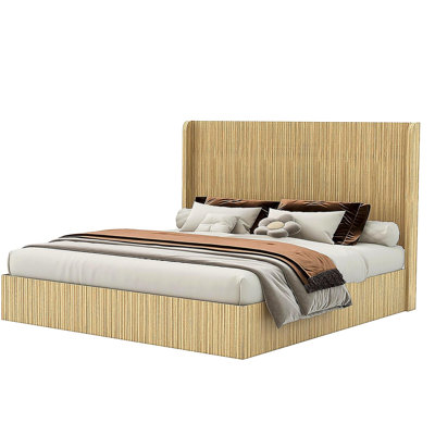 King Size Mid-Century Fluted Wood Bed Frame, Tall Wingback Headboard, Low Profile Platform Bed, No Box Spring Needed, Easy Assembly for Bedroom & Guest Room