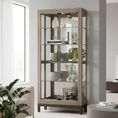 Vitrine Quinn V Curio, portes à charnières en verre avec poignées de bar gris anthracite, conception polyvalente