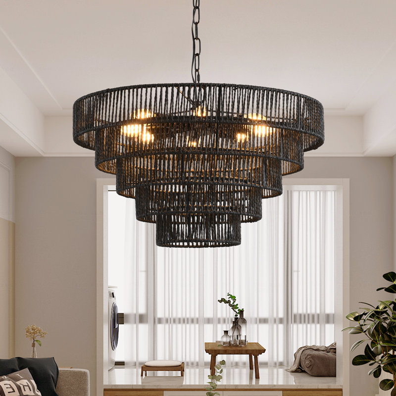 Chandelier - Luminaire suspendu de style rustique en corde de chanvre à 5 niveaux de finition noire à 8 niveaux avec 8 douilles E12, plafonnier style maison de campagne Boho