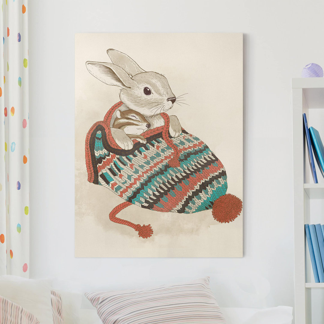 Leinwandbild Illustration Kuschelnder Hase in Mütze