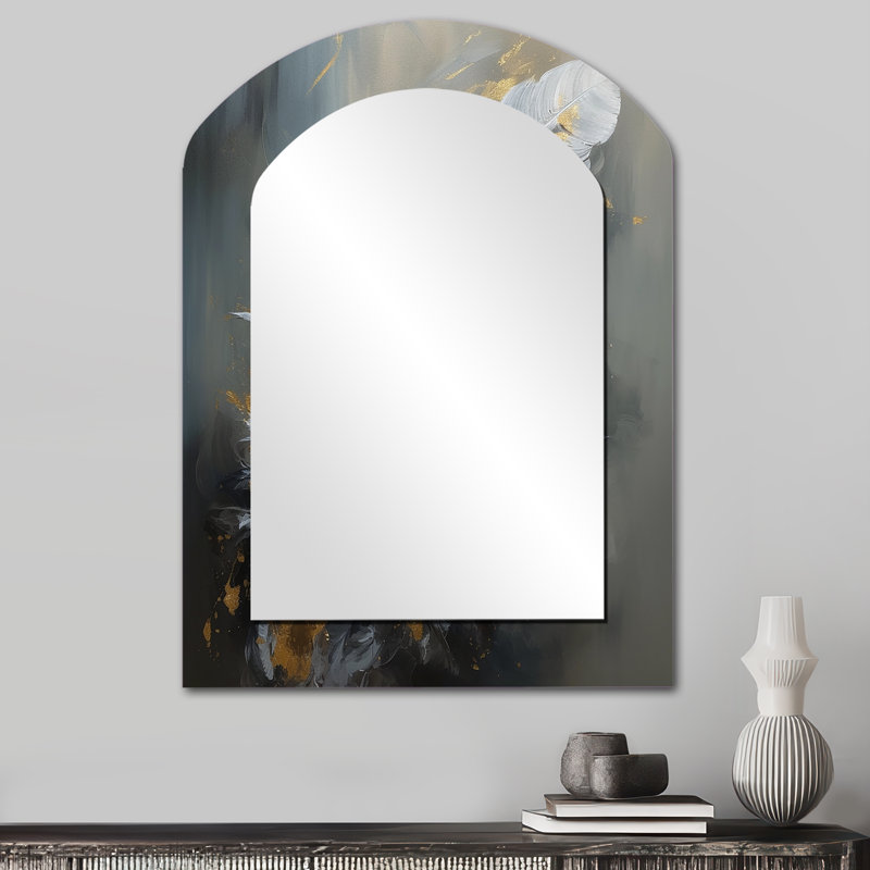 Plume dorée bohème chic - miroir mural décoratif asymétrique en plumes glamour, miroir en arc moderne, impression sur métal