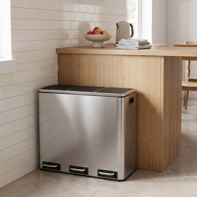 Steel Step On Multi-Compartment Rubbish & Recycling Bin - 54L, Silver