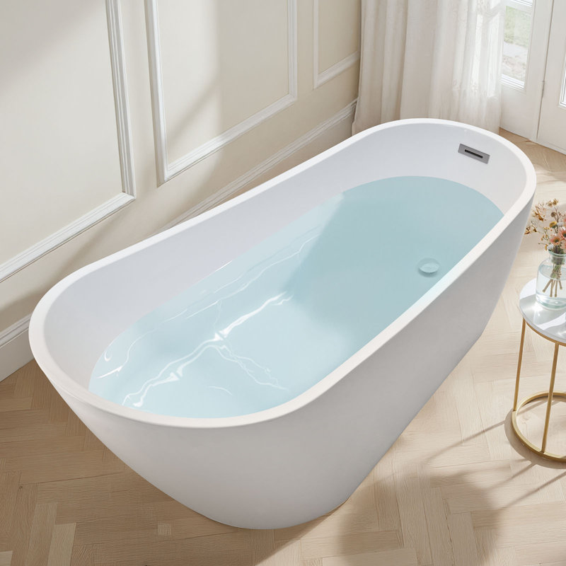 Baignoire îlot en acrylique, baignoire contemporaine blanche de 170 cm (67 pouces) avec trop-plein et bonde chromés polis, baignoire ovale élégante idéale pour les salles de bain modernes ou les projets de rénovation.