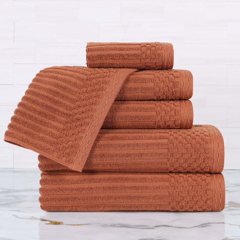 Kaelea Soho Cotton Ribbed Checkered Border Medium Weight 3 Piece Assorted Bathroom Towel Set, 6 Piece Towel set, Rust