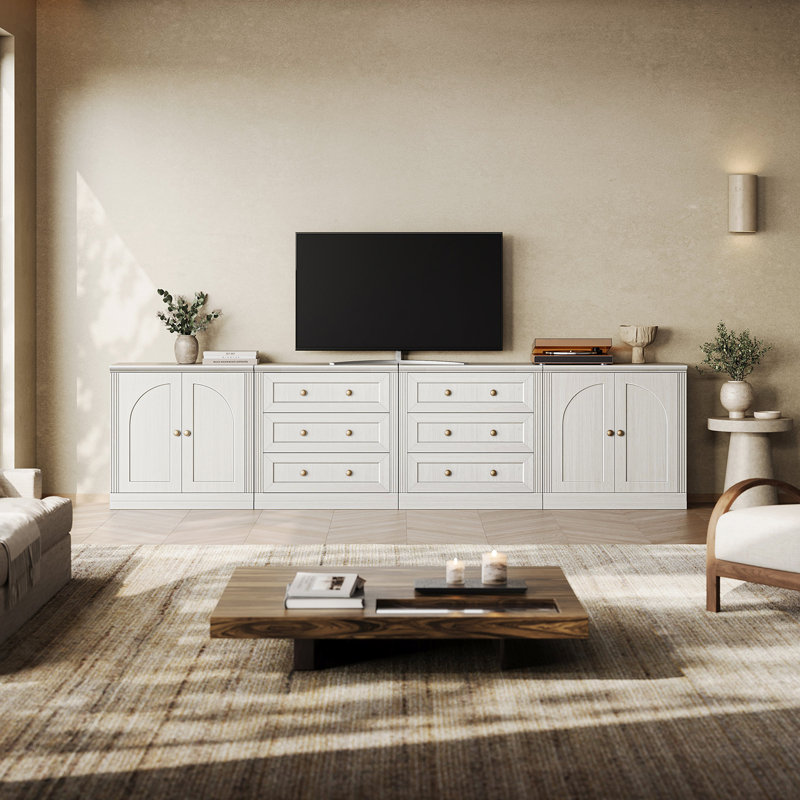 Buffet modulaire moderne Monos avec placards de rangement à portes cintrées et placards bas à 3 tiroirs, blanc, Blanc