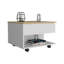 Table basse à plateau relevable, roulettes, une tablette, blanc / chêne clair