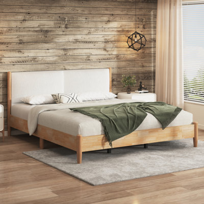 Structure de lit très grand en bois naturel avec tête de lit tapissier blanc