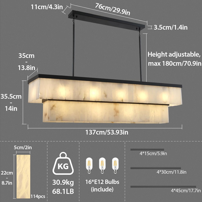 16 lumières rectangulaires pour îlot de cuisine à 16 lumières de 54 po à intensité variable (ampoules incluses), Noir mat