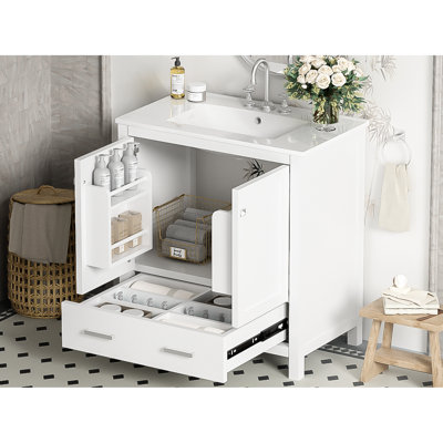 Armoire de salle de bain 30 po avec lavabo simple, apparence extérieure blanche, fabrication en bois massif, 2 portes et 1 tiroir, charnières à fermeture en douceur pour un meuble-lavabo serein, ton, mécanisme silencieux