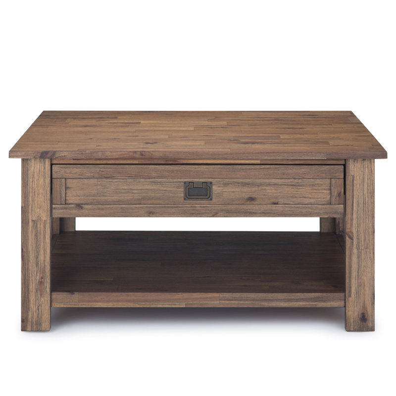 Table basse carrée rustique en bois d'acacia massif l 38 po avec 2 tiroirs et tablette ouverte Monroe