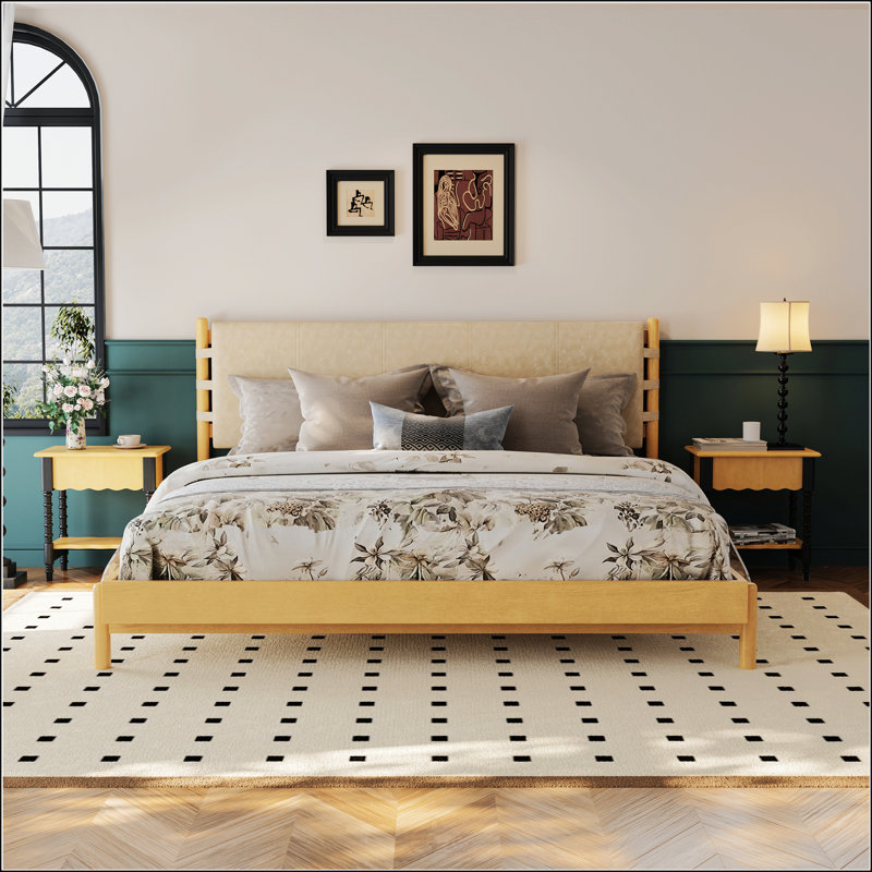 Premium Rubber Wood Platform Bed Frame, Beige, King