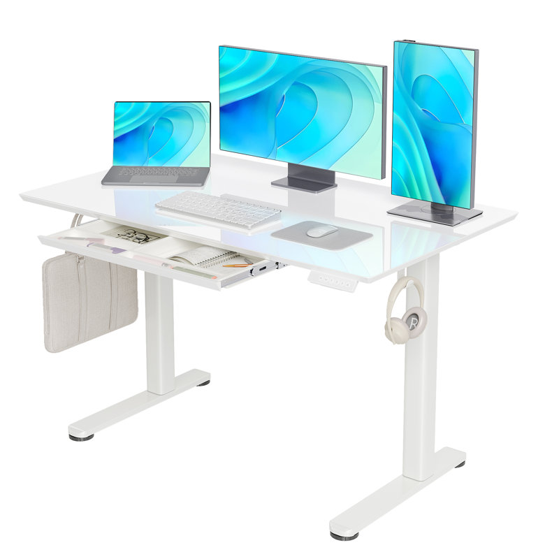 Electric Height Adjustable Standing Desk with Glass Top and Drawer Storage, 48" W x 23.6" D