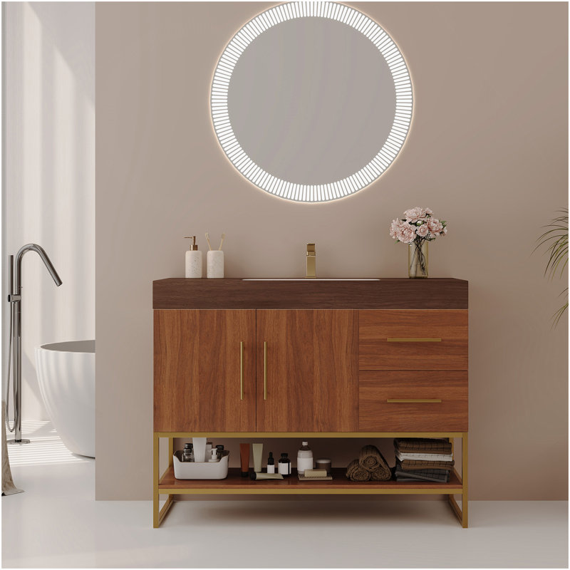 Meuble-lavabo moderne 36 po avec lavabo en céramique sans couture et armoire autoportante dorée, Brun