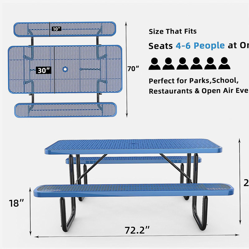 72" Expanded Metal Rectangular Picnic Table, Blue With Umbrella Hole