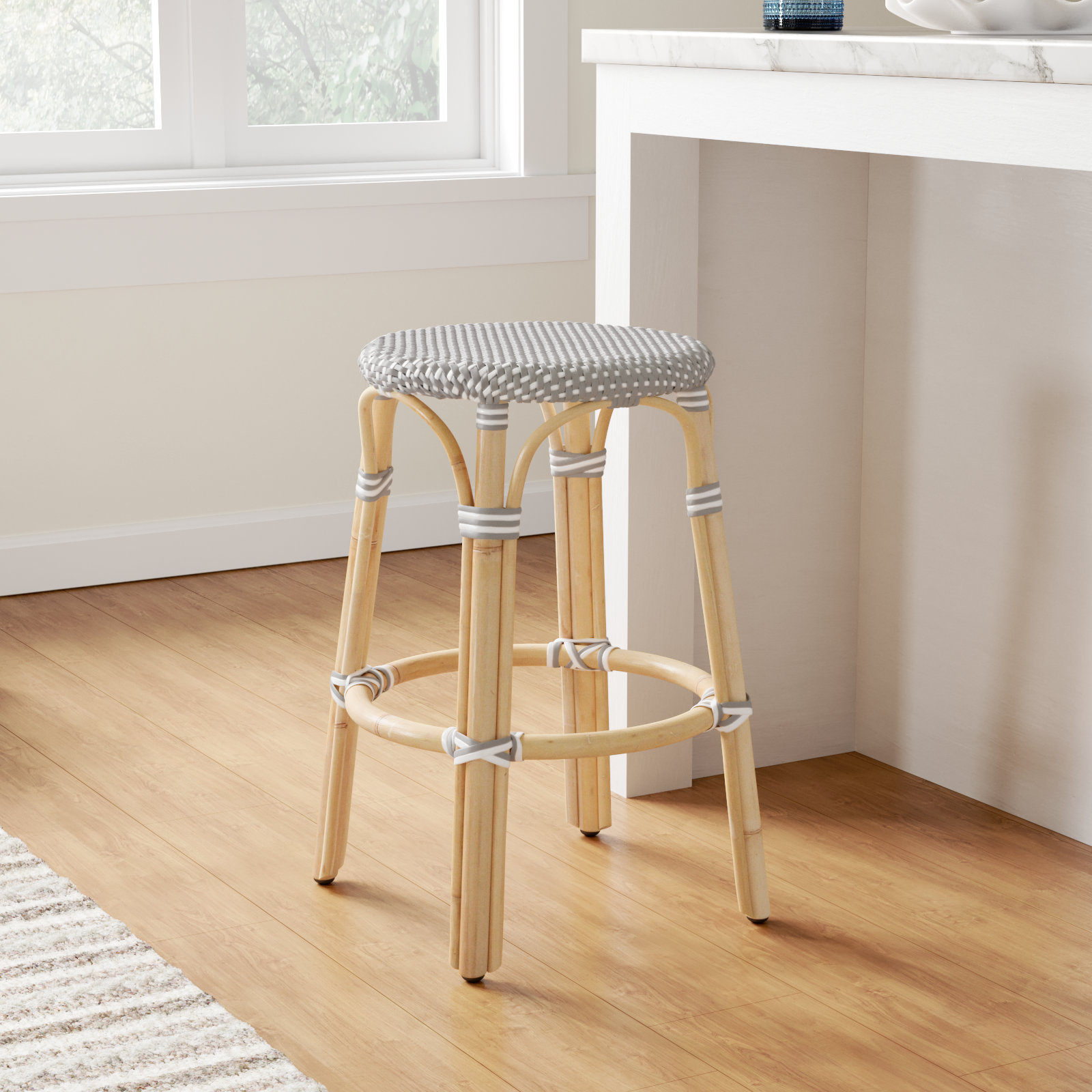 Alastair 30" Bar Stool, Counter Stool (24" Seat Height), Gray/White Dot/Natural Rattan Frame