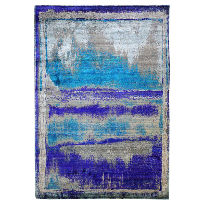 Tapis gris noué à la main de conception unique 7 pi 3 po x 10 pi 6 po New Age