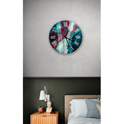 Horloge murale en verre trempé abstrait bleu sarcelle, bourgogne et blanc