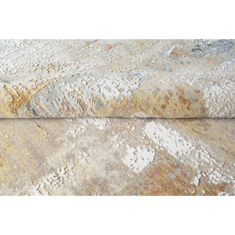 High-Quality Hand-Knotted Beige And Gold Area Rug, Rectangle 8' x 10', Beige And Gold