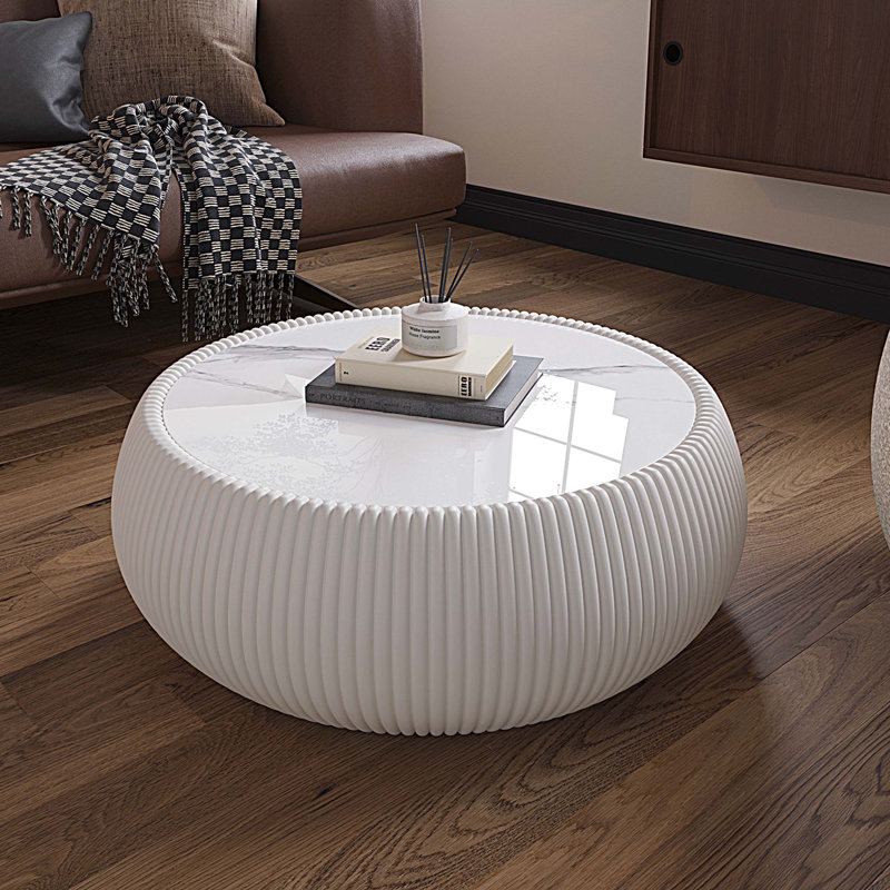 Marble Top Drum Shape Leather Coffee Table, Beige