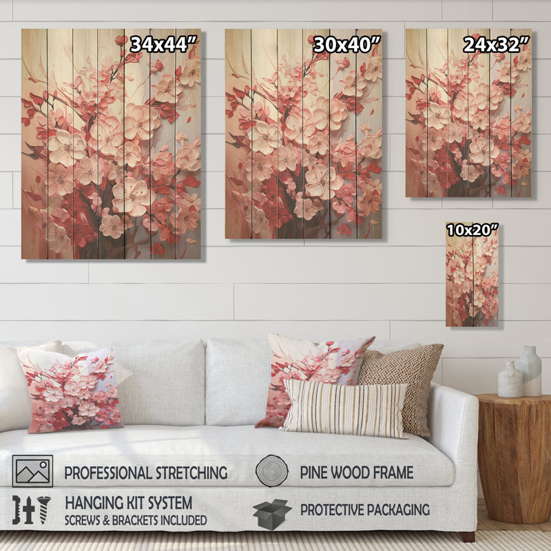 «Pink Orchard Tree Ballet Of Cherry Blossoms IV» - Cerisier sur bois, H 40 po x l 30 po
