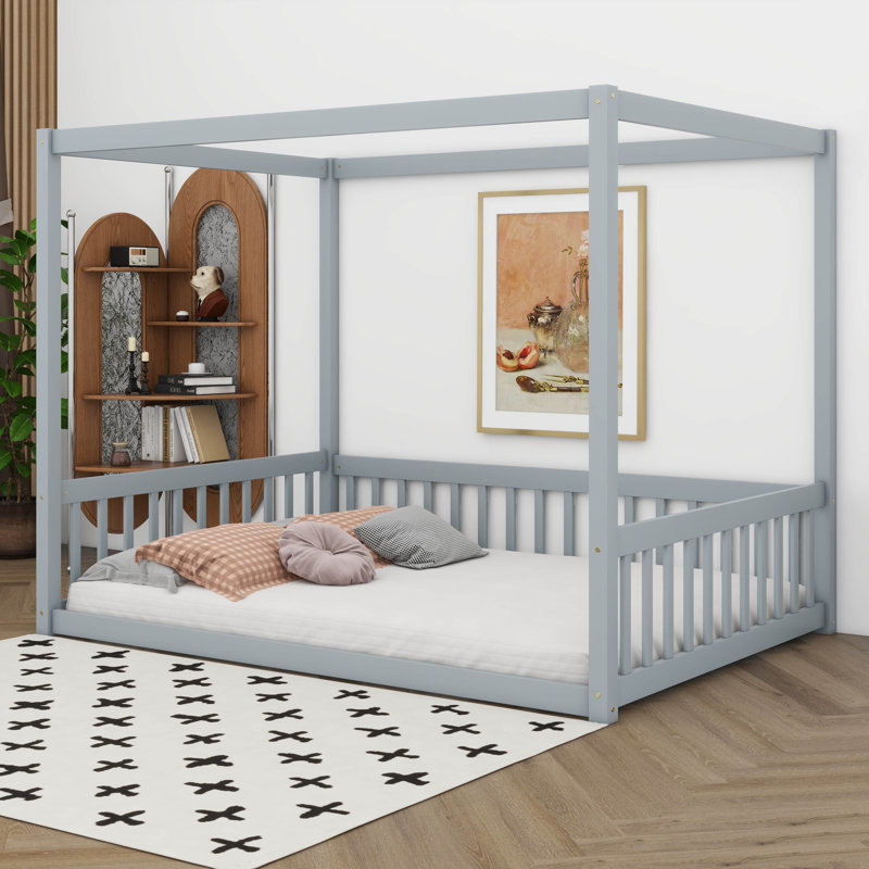Lit à baldaquin avec barrières de sécurité, cadre et clôture en bois d'hévéa, lit cabane pour enfants favorisant l'imagination.
