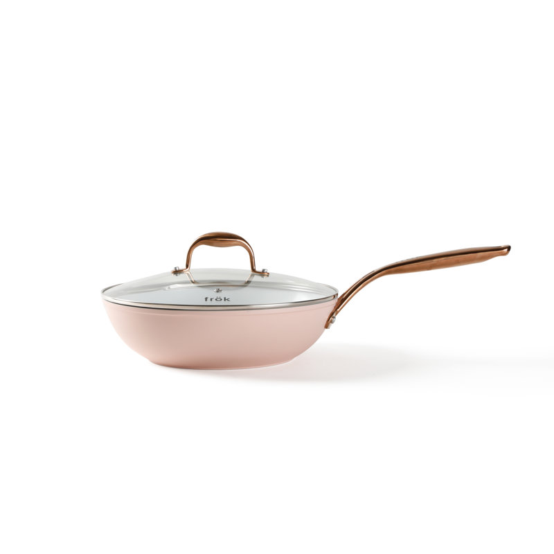 Blush Pink & Rose Gold Non-Stick Fry Pan Wok with Lid, 11-Inch