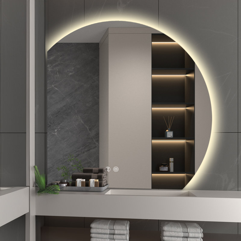 Wall Mounted Dimmable Semicircular LED Mirror Anti-Fog Backlit Lighted Bathroom Vanity Mirror, 32" x 32"