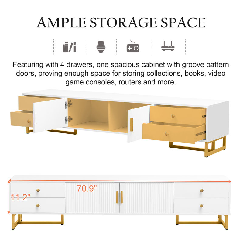 TV Stand for TVs up to 65 Inches, Entertainment Center with Wave Groove Cabinet Doors and T-Shape Metal Frame, Media Console with 4 Drawers & Storage Cabinet, Cable Management System