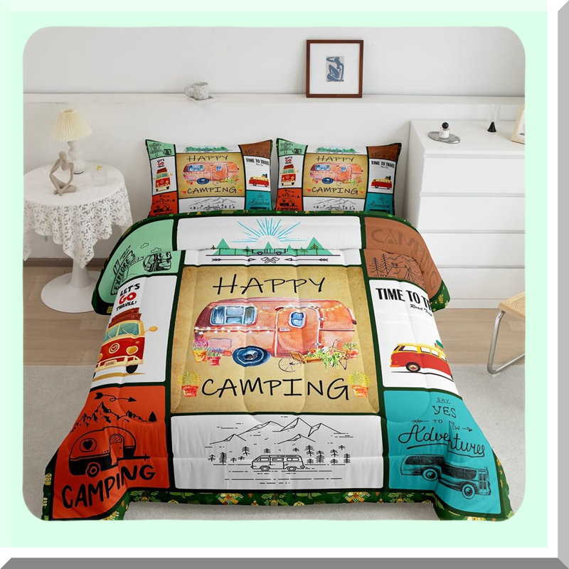 Happy Camper Geometric Grid Bedding Set - Full Size Rustic Farmhouse Comforter & Quilt Bedding for Travel Bunk RV Bed Decor. Includes 2 Colourful Pillowcases.