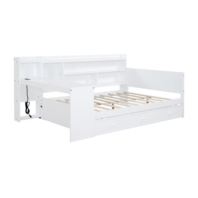Full Size Wooden Daybed With 3 Drawers, USB Ports And Desk ,White