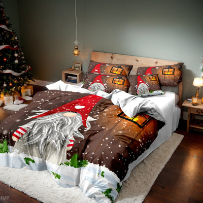 Ensemble de housse de couette et taie d'oreiller Christmas Gnome, devant brun avec dos blanc, literie de vacances en microfibre à imprimé numérique, simple / double / grand / très grand, aucun édredon ni insert d'oreiller inclus
