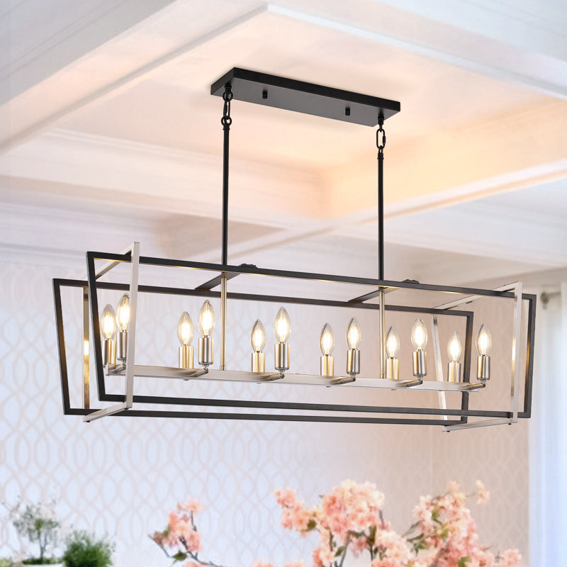 Luminaire suspendu linéaire à 12 lumières pour îlot de cuisine, Noir / argenté