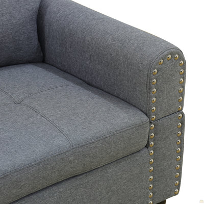 Canapé modulaire avec plateau latéral à 2 porte-gobelets, canapé 4 places en lin réversible, canapé d'angle capitonné à rivets cloutés pour petit salon à gauche